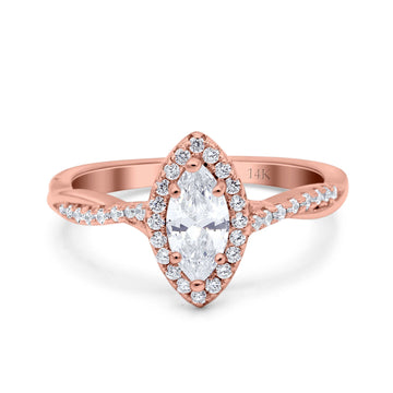 14K Rose Gold Infinity Twist Halo Marquise Art Deco Vintage Engagement Wedding Bridal Ring Simulated CZ Size-7